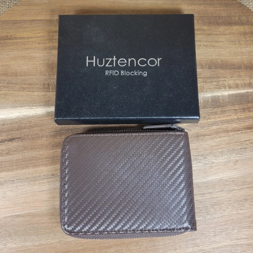 Huztencor RFID Blocking Carbon Fiber Bifold Zip Wallet Brown Minimalist Men's